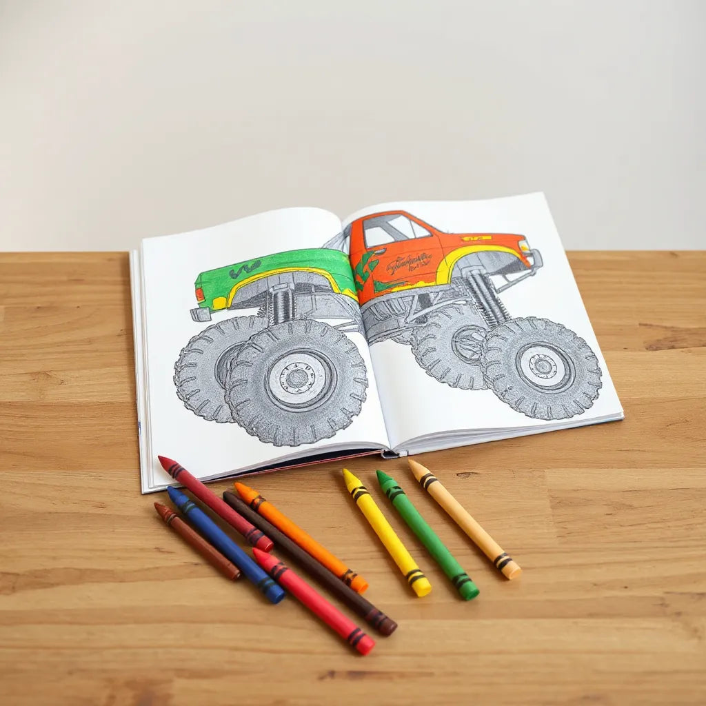Open monster truck coloring book with crayons on a wooden table