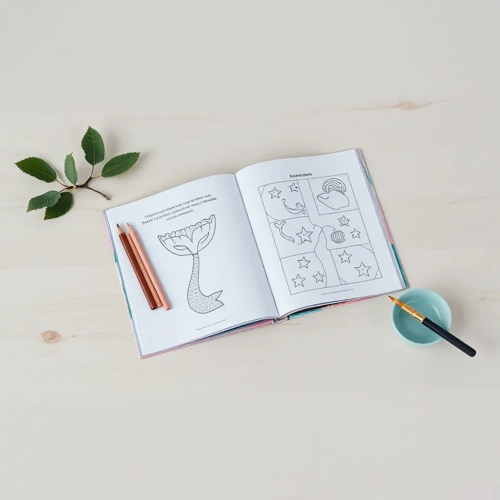 Open mermaid activity book on a table with colored pencils and ocean-themed coloring pages