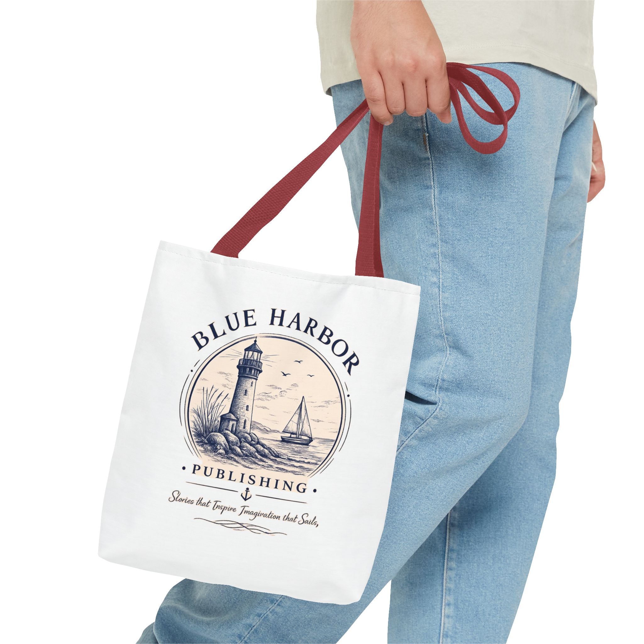 Nautical Lighthouse Tote Bag "Blue Harbor Publishing" Vintage Seaside Canvas Tote