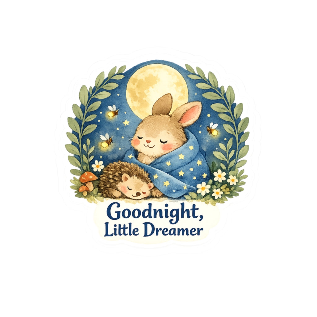 Goodnight Little Dreamer Sticker — Cute Bunny & Hedgehog Sleepy Moon Kiss-Cut Sticker