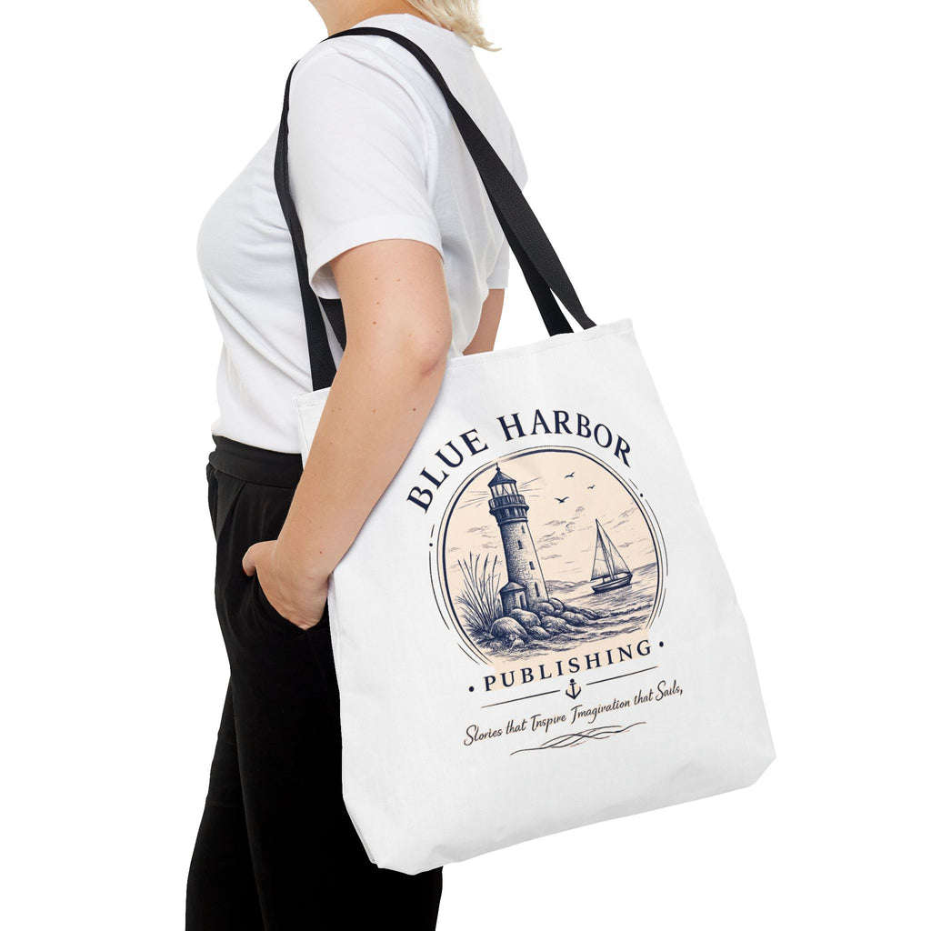 Nautical Lighthouse Tote Bag "Blue Harbor Publishing" Vintage Seaside Canvas Tote