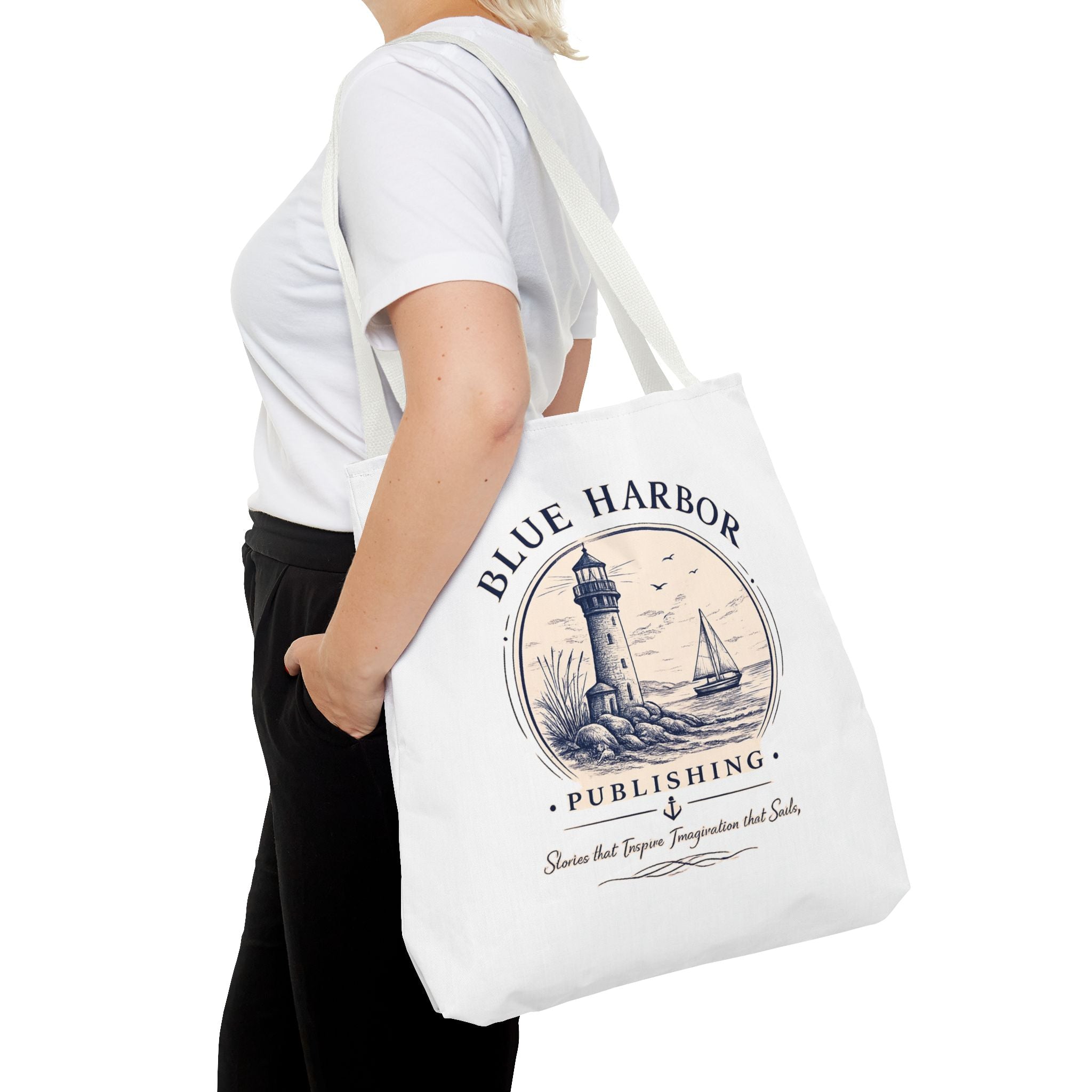 Nautical Lighthouse Tote Bag "Blue Harbor Publishing" Vintage Seaside Canvas Tote
