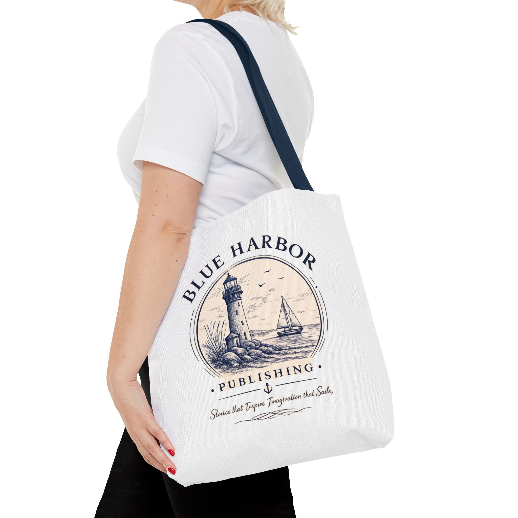 Nautical Lighthouse Tote Bag "Blue Harbor Publishing" Vintage Seaside Canvas Tote