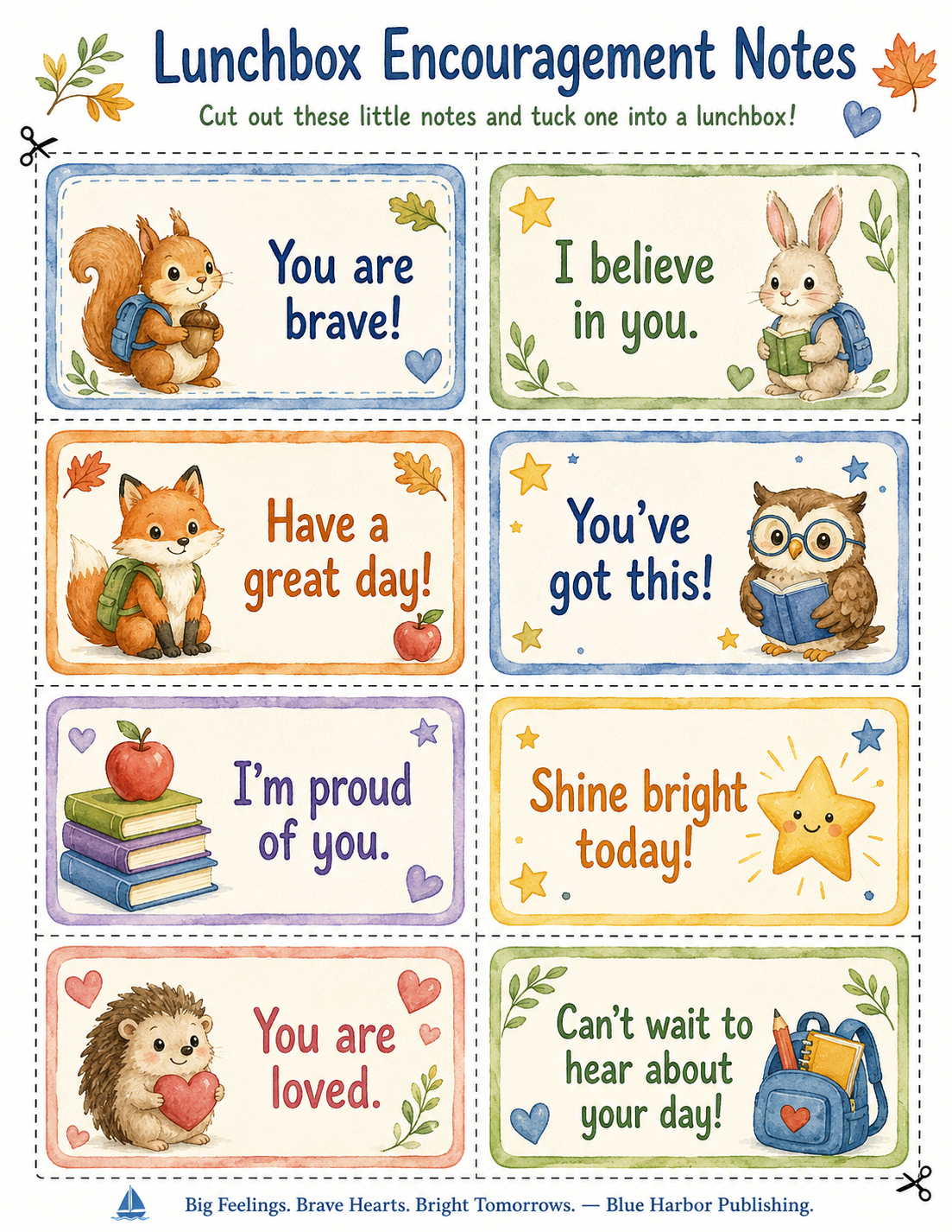 A sheet of 10 colorful 'Lunchbox Encouragement Notes' from Blue Harbor Publishing, featuring cute watercolor illustrations of an owl, bunny, hedgehog, fox, and star, with positive phrases like 'You are brave!' and 'I believe in you.'.