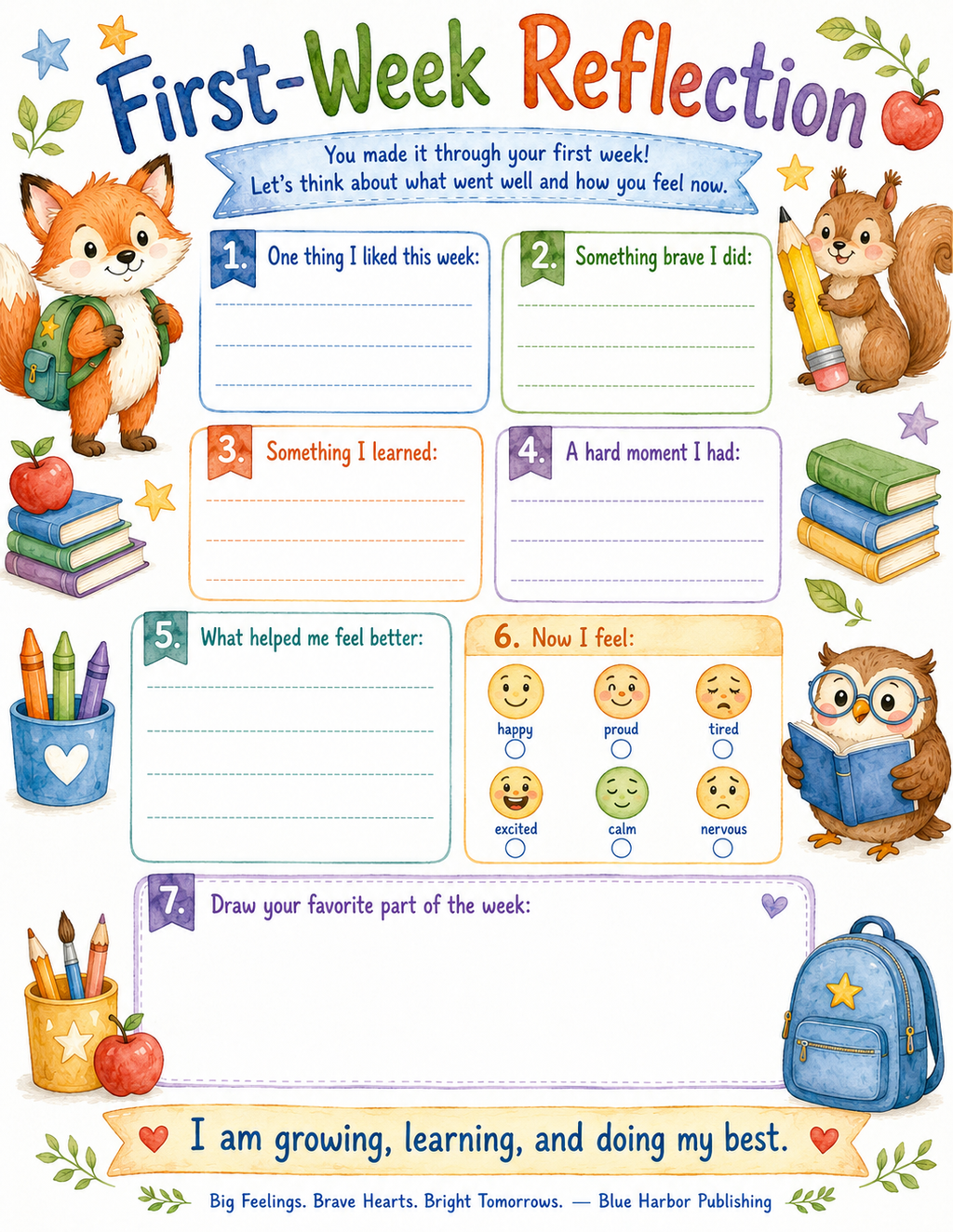 A colorful First-Week Reflection printable worksheet featuring watercolor illustrations of a fox, squirrel, owl, backpack, books, and crayons, with blank lines for students to write on seven prompts.