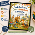 A digital product mockup showing a tablet with the cover of a 'Back-to-School Calm & Confidence Activity Pack' by Blue Harbor Publishing. The tablet is displayed on a light wooden desk alongside pencils, a notebook, and promotional badges highlighting features like instant download, print at home, and fun engaging activities.