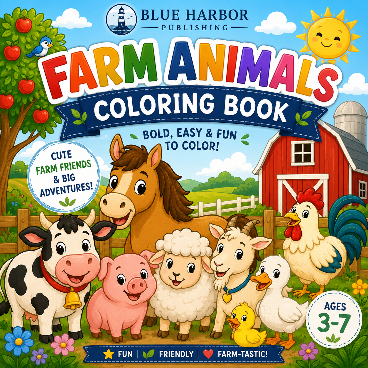Farm Animals Coloring Book for Kids Ages 3–7 | 24 Bold & Easy Farm Coloring Pages | Printable PDF | Blue Harbor Publishing