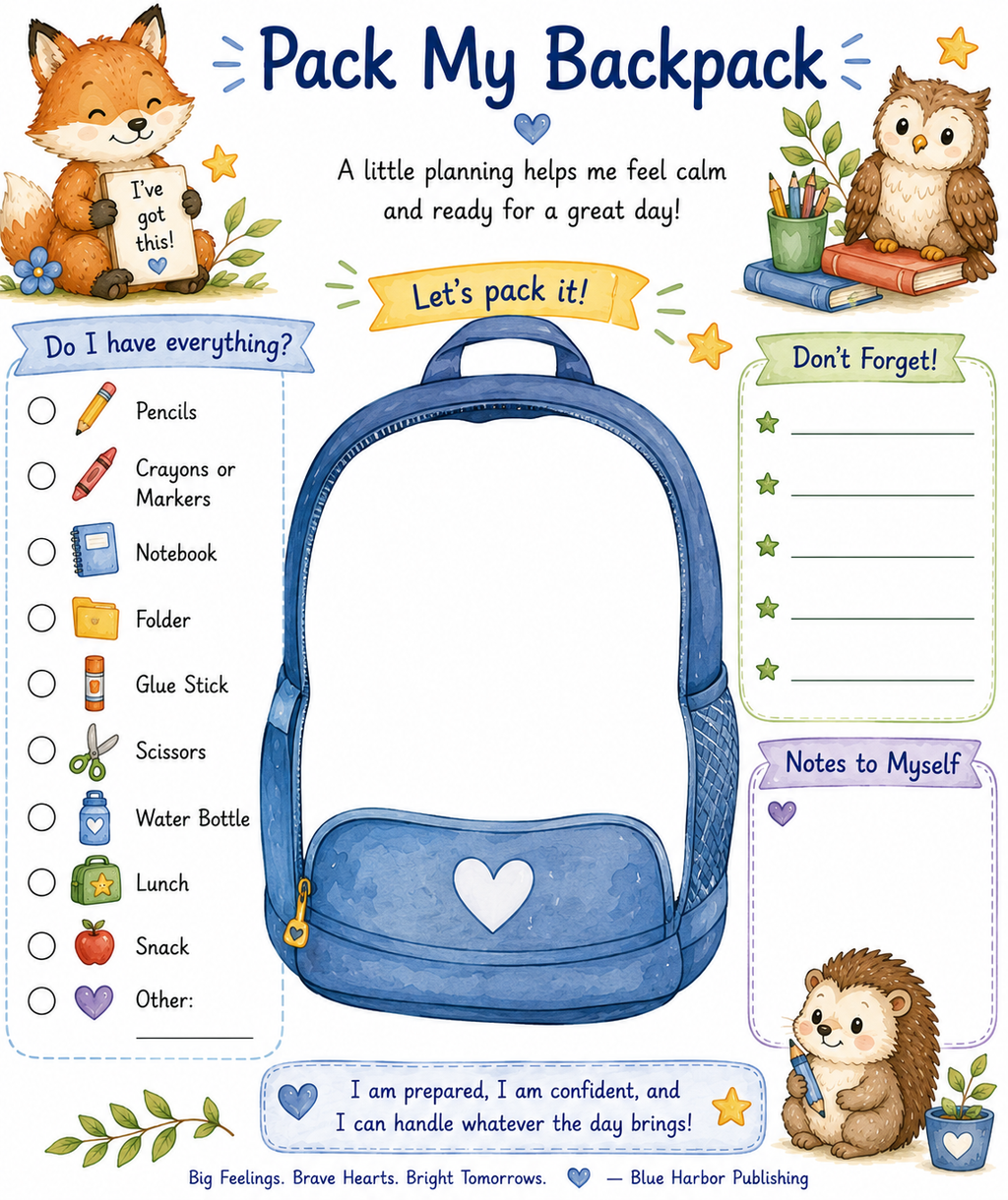 A colorful illustrated printable checklist titled 'Pack My Backpack' with a large blue backpack in the center, cartoon fox, owl, and hedgehog illustrations, and sections for listing items, notes, and reminders. This is not a photo of a physical product in a real environment, and it is not a measurement chart, color swatch, or instruction diagram; it is best classified as Other because it appears to be a digital printable/planner page.