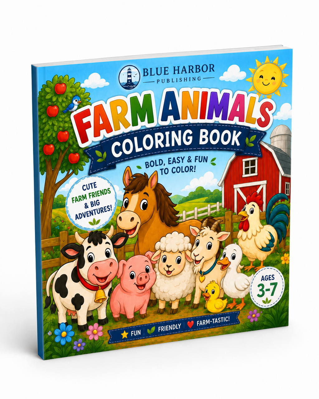 Blue Harbor Publishing's 'Farm Animals Coloring Book' shown at a three-quarter angle on a clean white background. The cover features a colorful cartoon illustration of various farm animals including a cow, pig, sheep, chicken, duck, horse, and rooster in front of a red barn and apple tree.