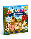 Blue Harbor Publishing's 'Farm Animals Coloring Book' shown at a three-quarter angle on a clean white background. The cover features a colorful cartoon illustration of various farm animals including a cow, pig, sheep, chicken, duck, horse, and rooster in front of a red barn and apple tree.