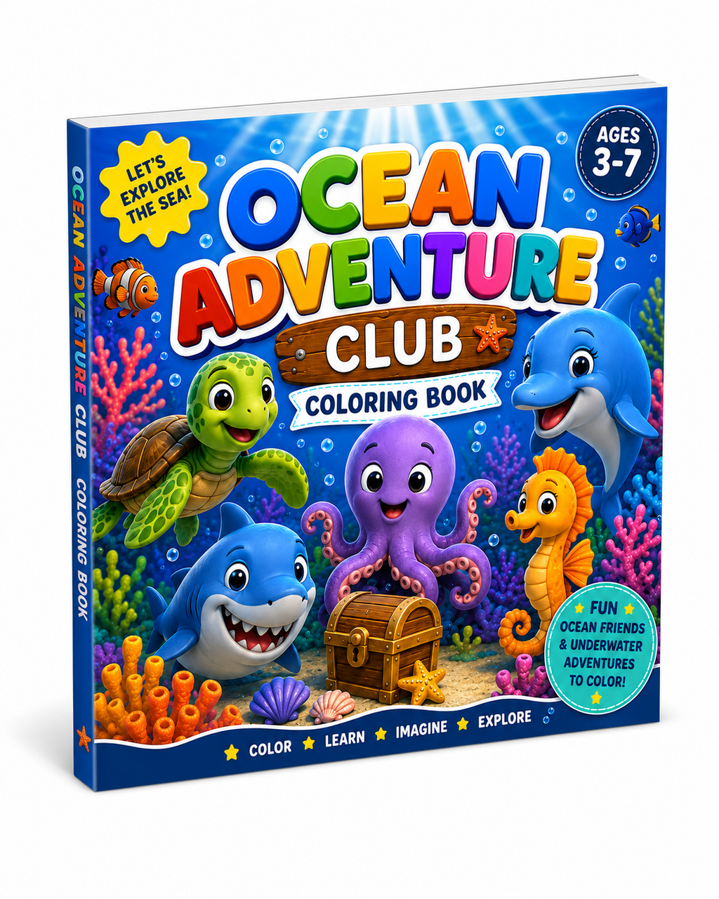 Ocean Adventure Club Coloring Book for ages 3-7, featuring colorful cartoon sea creatures like a blue whale, octopus, turtle, shark, fish, and seahorse on a bright blue underwater background.