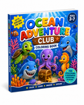 Ocean Adventure Club Coloring Book for ages 3-7, featuring colorful cartoon sea creatures like a blue whale, octopus, turtle, shark, fish, and seahorse on a bright blue underwater background.