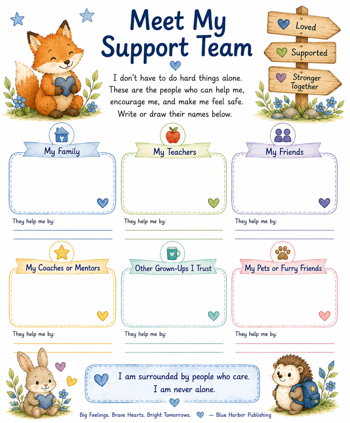 A children's worksheet titled 'Meet My Support Team' with illustrated fox, flowers, and wooden signposts, plus labeled boxes for family, teachers, friends, coaches/mentors, other grown-ups, pets, and furry friends. The page includes a supportive quote at the bottom and Blue Harbor Publishing text at the very bottom.